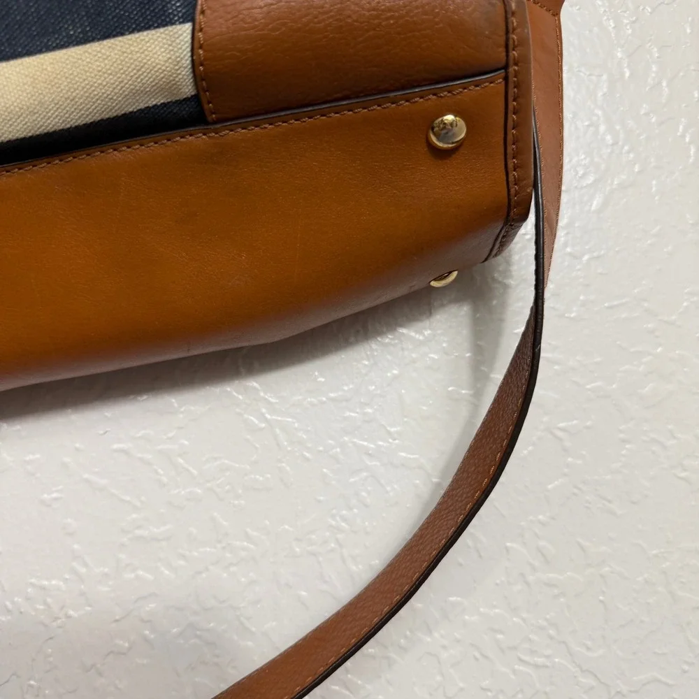 Michael Kors Hamilton Satchel Navy Cream Striped Canvas Leather Trim Handbag
